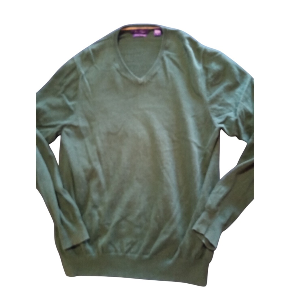Alan Flusser Sweater Mens L Green‎ V-Neck Cotton Cashmere Blend Pullover Knit